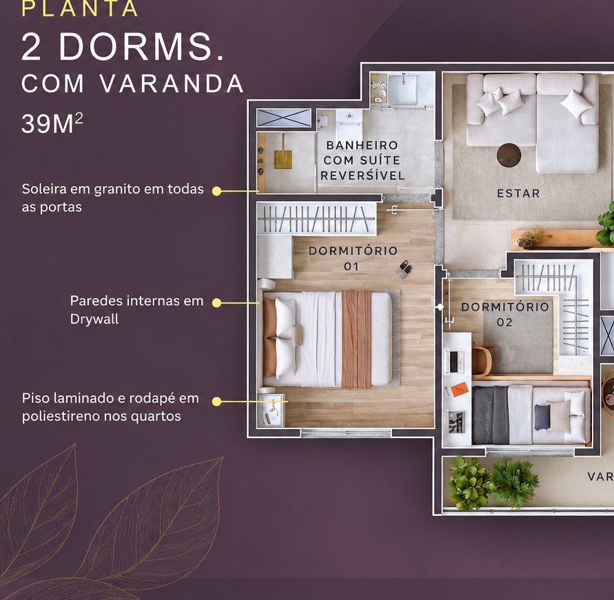 Planta do apartamento de 2 quartos com varanda